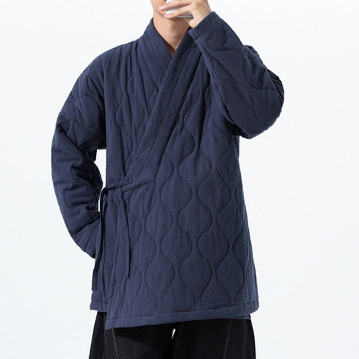 Buddha Stones Fall Winter Minimalist Tang Style Wrap-front Drawstring Thickened Padded Design Solid Men's Kimono With Pockets - image 7