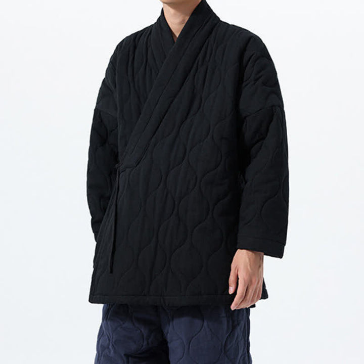 Buddha Stones Fall Winter Minimalist Tang Style Wrap-front Drawstring Thickened Padded Design Solid Men's Kimono With Pockets - image 22