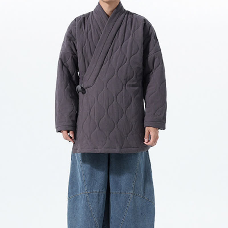 Buddha Stones Fall Winter Minimalist Tang Style Wrap-front Drawstring Thickened Padded Design Solid Men's Kimono With Pockets - image 17