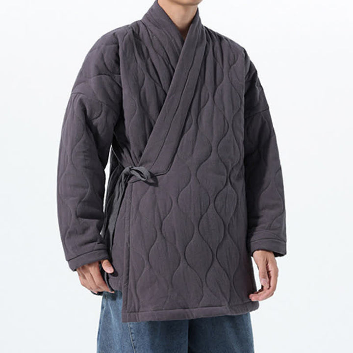 Buddha Stones Fall Winter Minimalist Tang Style Wrap-front Drawstring Thickened Padded Design Solid Men's Kimono With Pockets - DarkSlateGray - US/UK/AU46，EU56 (5XL) - image 13