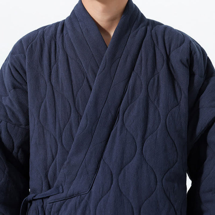 Buddha Stones Fall Winter Minimalist Tang Style Wrap-front Drawstring Thickened Padded Design Solid Men's Kimono With Pockets - image 9