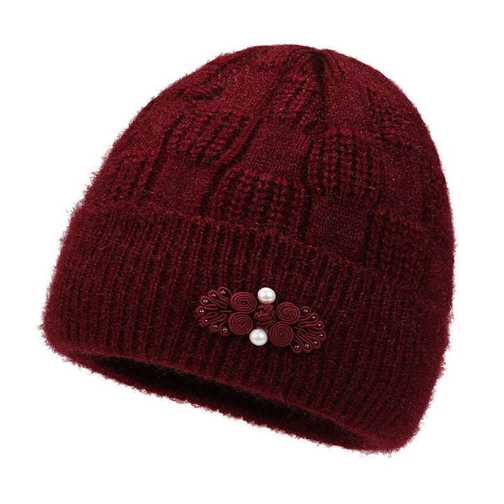 Buddha Stones Fall Winter Ribbed Knit Floral Fleece-lined Thickened Women's Hat - Maroon - image 1