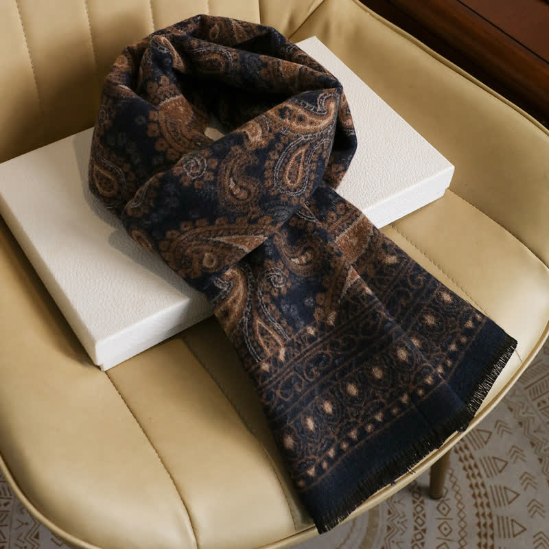 Buddha Stones Fall Winter Vintage Paisley Tassel Cozy Men's Scarf - Black Tan Approx. 180 × 30 cm - image 0