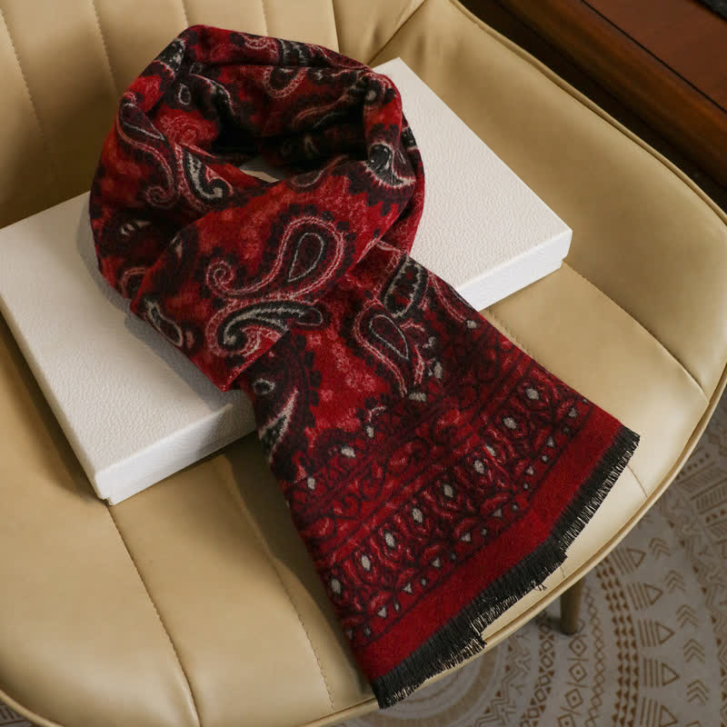Buddha Stones Fall Winter Vintage Paisley Tassel Cozy Men's Scarf - Red Black Approx. 180 × 30 cm - image 8