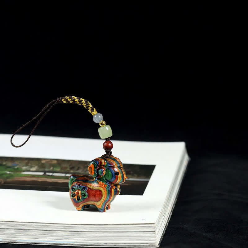 Buddha Stones Rainbow Eucalyptus Sandalwood Goat Serenity Hand-Carved Keychains - Rainbow Eucalyptus - Plain Rope - image 1