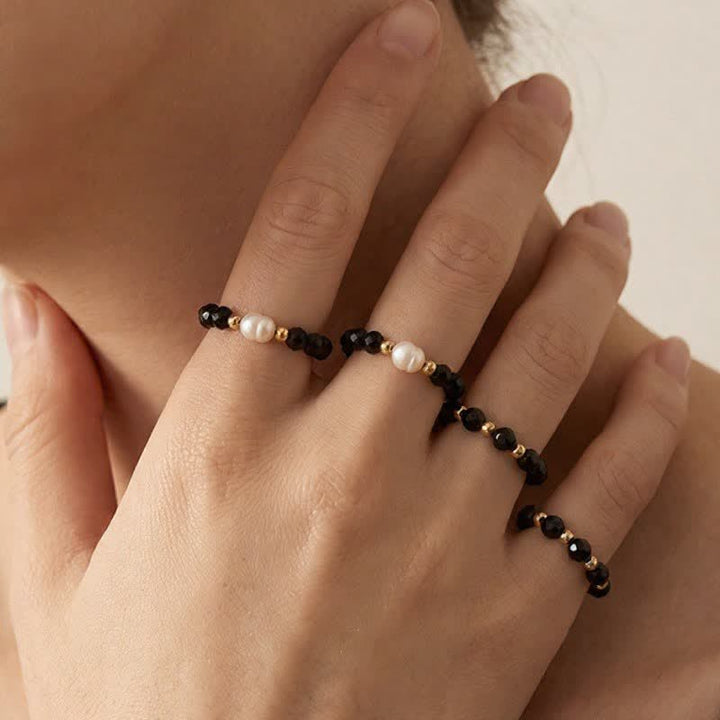 Buddha Stones Black Spinel Pearl Protection Faceted Stacking Ring - image 8