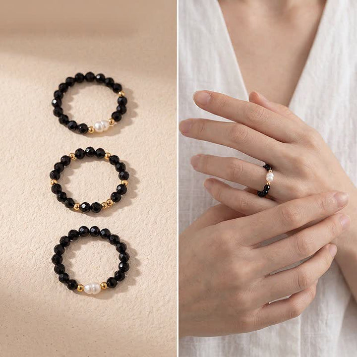 Buddha Stones Black Spinel Pearl Protection Faceted Stacking Ring - image 3