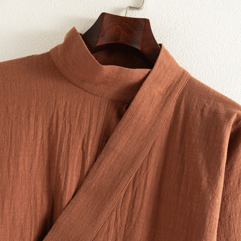 Buddha Stones Fall Minimalist Tang Style Drawstring Solid Cotton Linen Women's Kimono - image 2