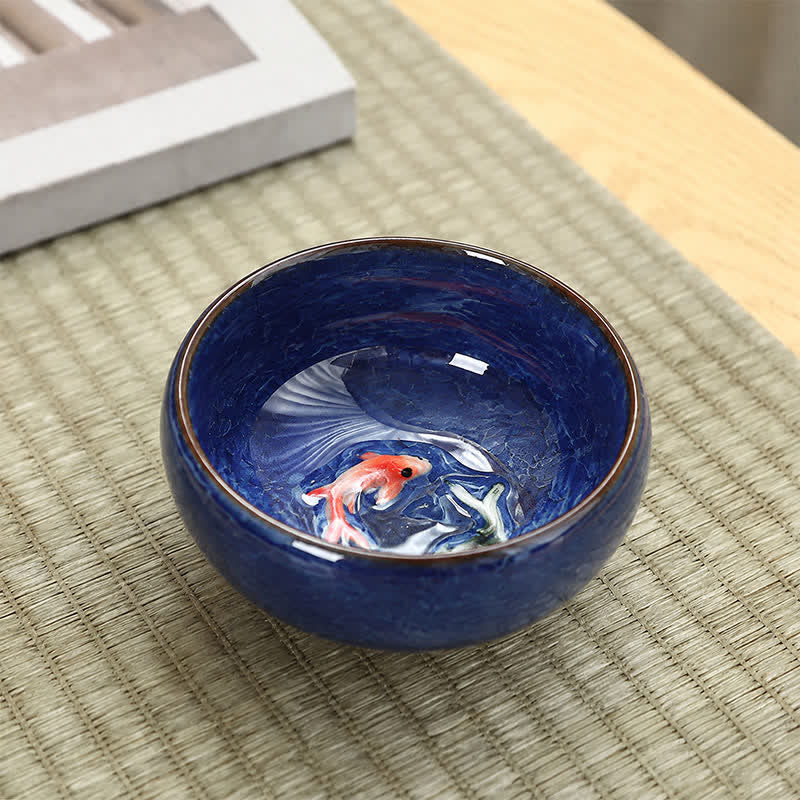 Buddha Stones Ceramic Koi Fish Success Crackle Glaze Gongfu Tea Cup - Dark Blue - image 4