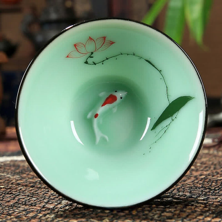 Buddha Stones Hand-Painted Celadon Ceramic Lotus Koi Douli Tea Cup - Lotus Blossoms - image 3