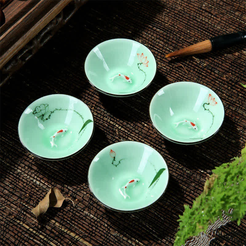 Buddha Stones Hand-Painted Celadon Ceramic Lotus Koi Douli Tea Cup - image 11