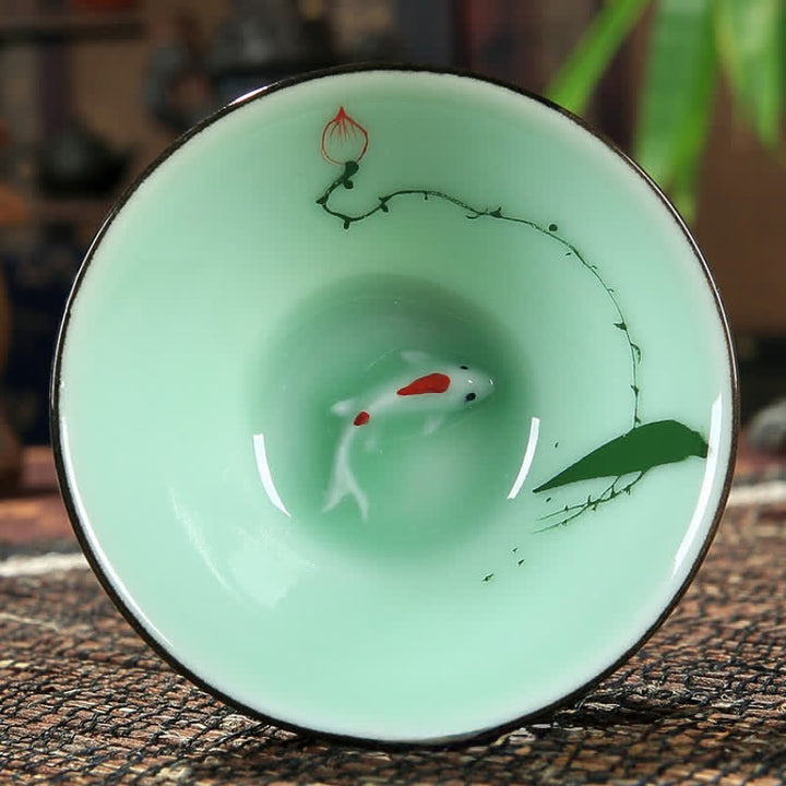Buddha Stones Hand-Painted Celadon Ceramic Lotus Koi Douli Tea Cup - One Lotus - image 7