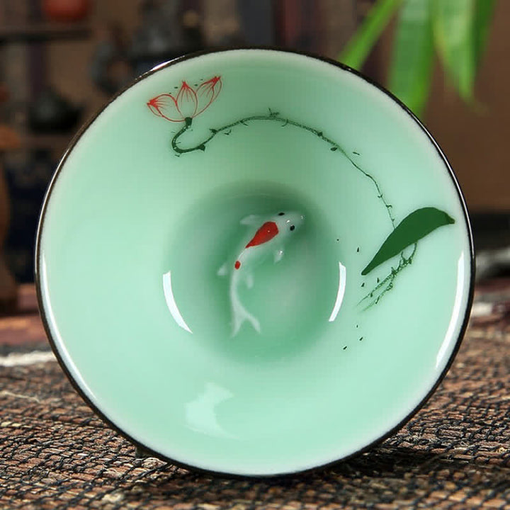 Buddha Stones Hand-Painted Celadon Ceramic Lotus Koi Douli Tea Cup - Three Lotus - image 1