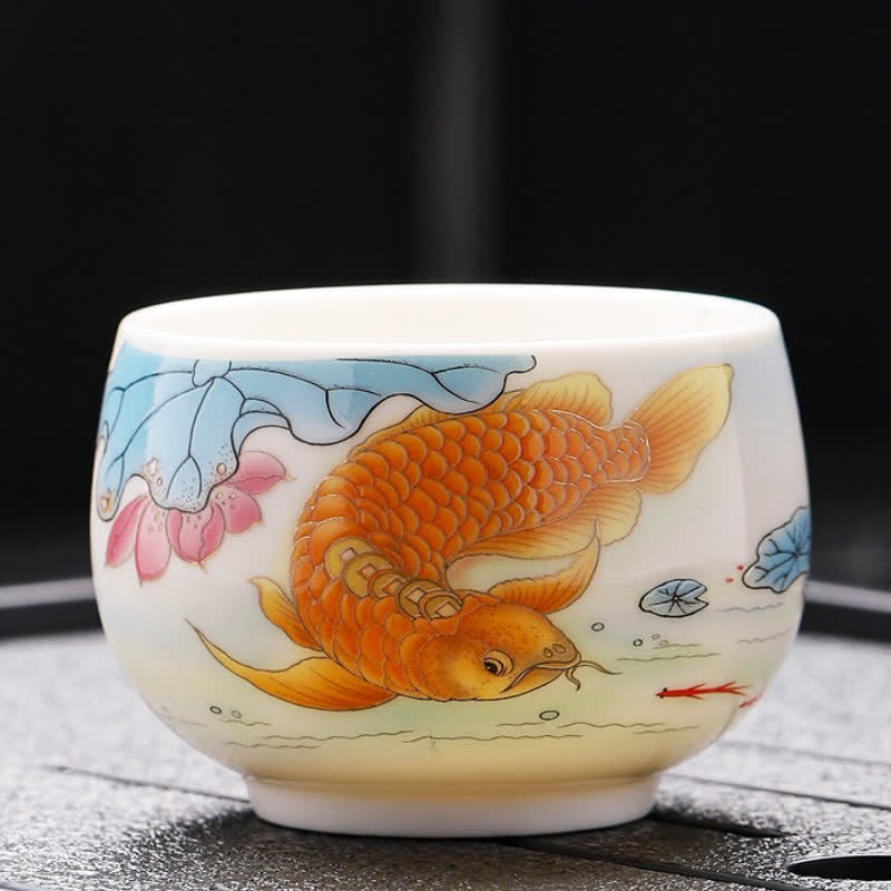 Buddha Stones White Porcelain Koi Lotus Dragon Hand-Painted Tea Cup - Lotus - image 1