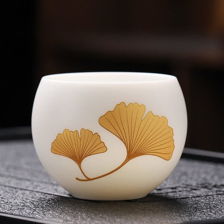 Buddha Stones Night Glow Landscape Koi Fish Ceramic Gongfu Tea Cup - Ginkgo Leaves - image 8
