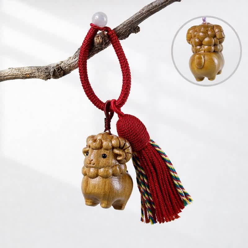 Buddha Stones Hand-Carved Green Sandalwood Rainbow Eucalyptus Goat Luck Tassel Keychains - Green Sandalwood - Red - image 0