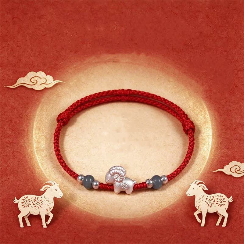 Buddha Stones Year of the Goat Hand-Woven 999 Sterling Silver Chinese Zodiac Goat Luck Red String Bracelet - image 1
