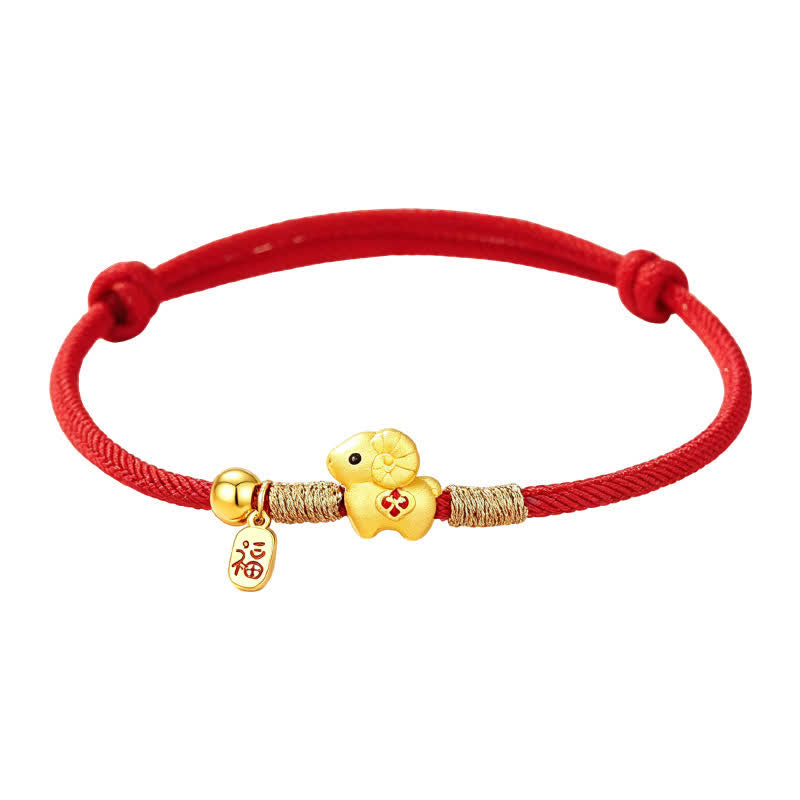 Buddha Stones Year of the Goat 925 Sterling Silver Sheep Ram Braided Red String Fu Character Charm Bracelet - image 1