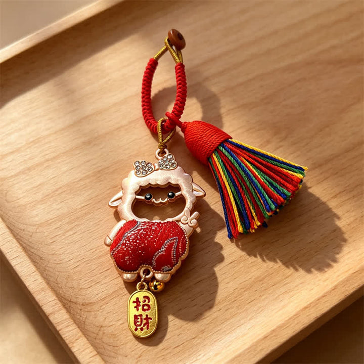 Buddha Stones Year of the Goat Song Brocade Fu Character Blessing Lamb Tassel Keychains - image 6