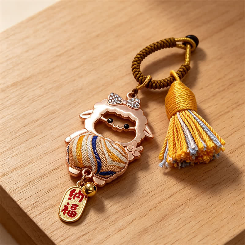 Buddha Stones Year of the Goat Song Brocade Fu Character Blessing Lamb Tassel Keychains - Yellow - Sheep Face Cutout – Random Double-Sided Pattern - image 11