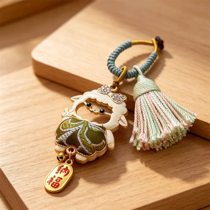 Buddha Stones Year of the Goat Song Brocade Fu Character Blessing Lamb Tassel Keychains - Green - Sheep Face Cutout – Random Double-Sided Pattern - image 15