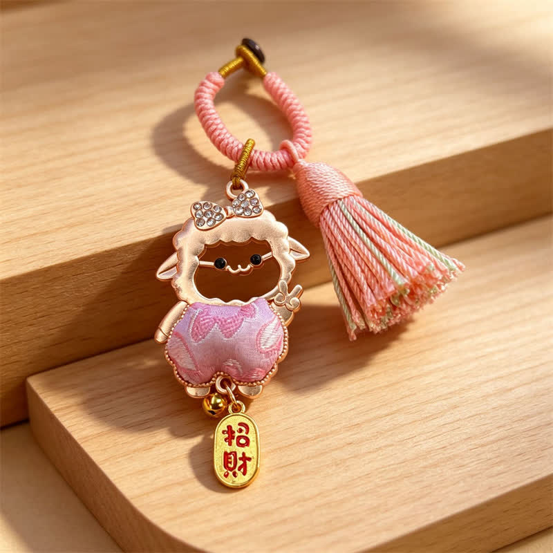 Buddha Stones Year of the Goat Song Brocade Fu Character Blessing Lamb Tassel Keychains - Pink - Sheep Face Cutout – Random Double-Sided Pattern - image 21