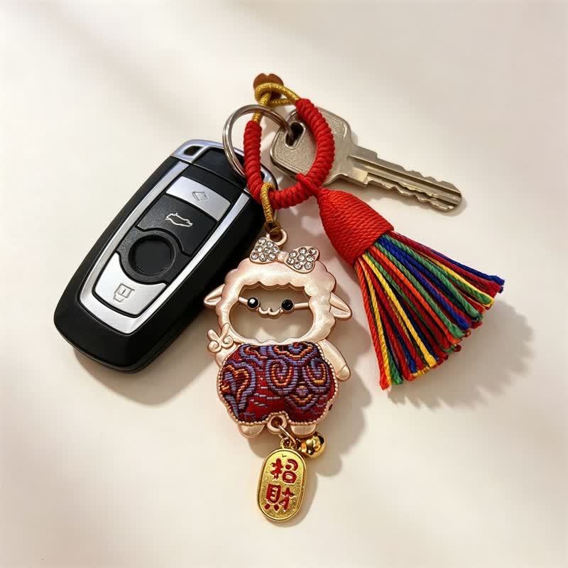 Buddha Stones Year of the Goat Song Brocade Fu Character Blessing Lamb Tassel Keychains - image 10