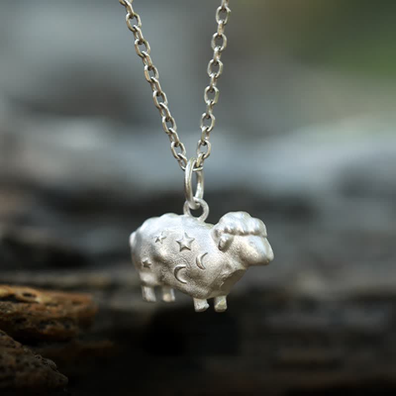 Buddha Stones Year of the Goat Sterling Silver Chinese Zodiac Lamb Moon Star Pendant Necklace Of Purity And Luck - image 1