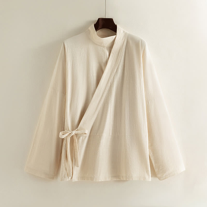 Buddha Stones Fall Minimalist Tang Style Drawstring Solid Cotton Linen Women's Kimono - image 12