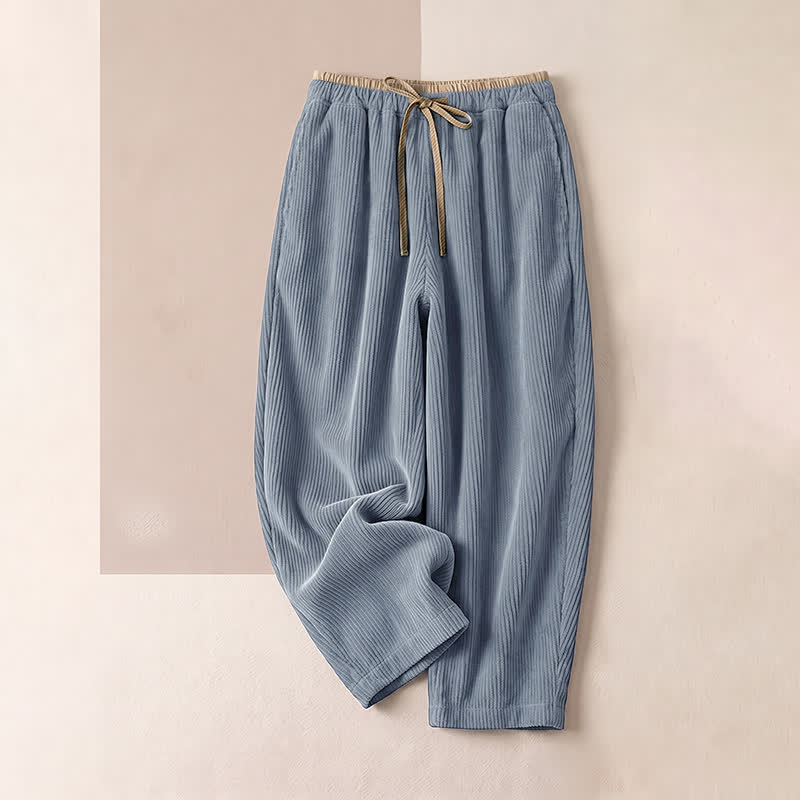 Buddha Stones Fall Winter Vintage Drawstring Elastic Waist Design Solid Corduroy Long Pants Women's Harem Pants With Pockets - LightBlue - Harem Pants - US16，UK/AU20，EU48 (3XL) - image 0