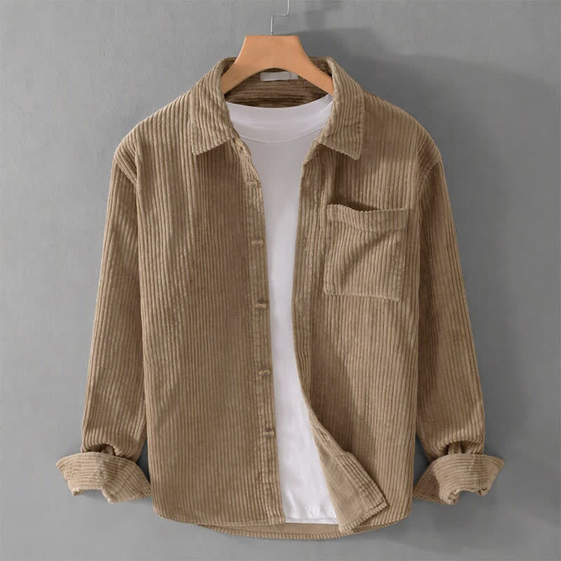 Buddha Stones Fall Winter Casual Vintage Button-Up Solid Corduroy Men's Long Sleeve Shirts With Patch Pocket - Tan - US/UK/AU44, EU54 (4XL) - image 0