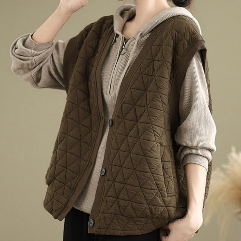 Buddha Stones Fall Winter Retro Casual Button-Up Diamond Quilted Tank Top Women's Vest With Pocket - image 3
