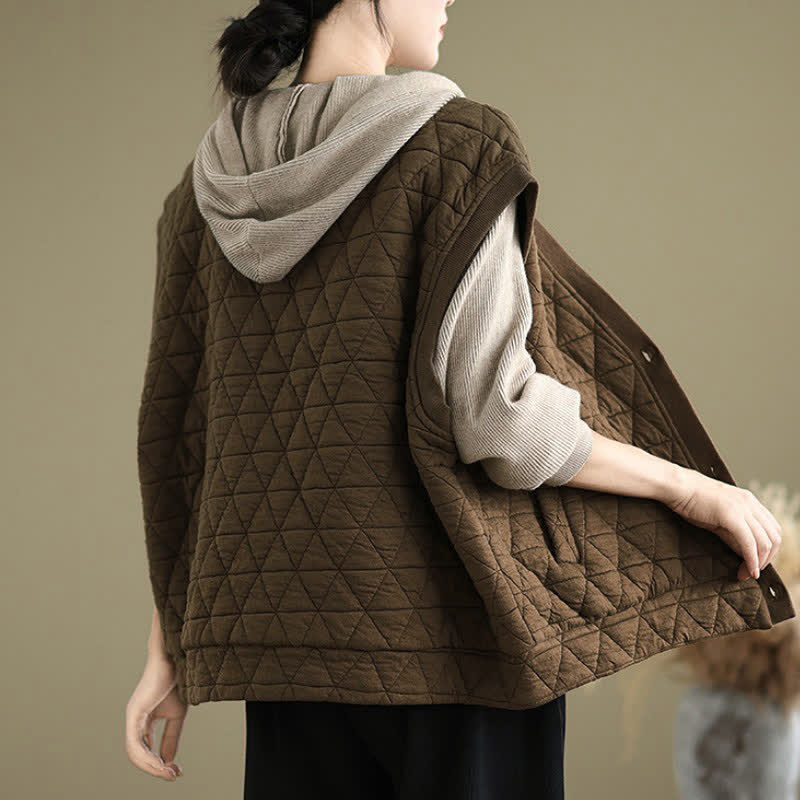 Buddha Stones Fall Winter Retro Casual Button-Up Diamond Quilted Tank Top Women's Vest With Pocket - image 4