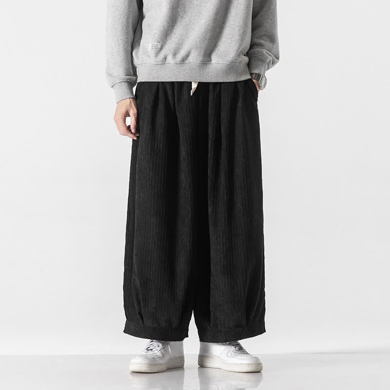 Buddha Stones Spring Fall Casual Minimalist Drawstring Solid Cropped Pants Corduroy Men's Wide Leg Pants With Pockets - Black - US/UK/AU46, EU56 (5XL) - image 16