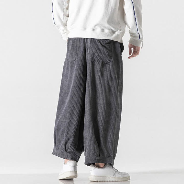 Buddha Stones Spring Fall Casual Minimalist Drawstring Solid Cropped Pants Corduroy Men's Wide Leg Pants With Pockets - image 4