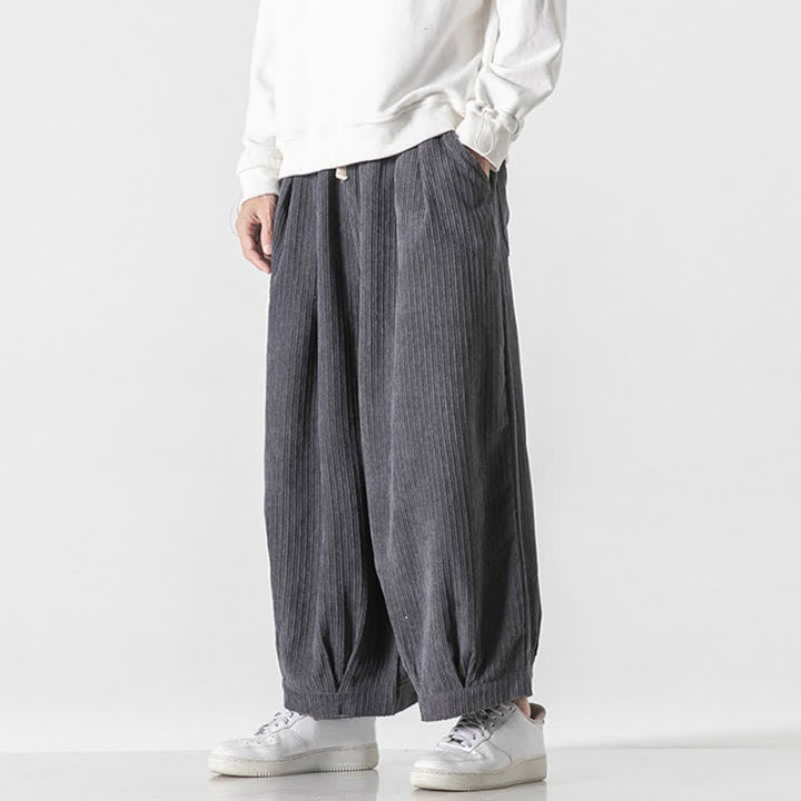 Buddha Stones Spring Fall Casual Minimalist Drawstring Solid Cropped Pants Corduroy Men's Wide Leg Pants With Pockets - image 5
