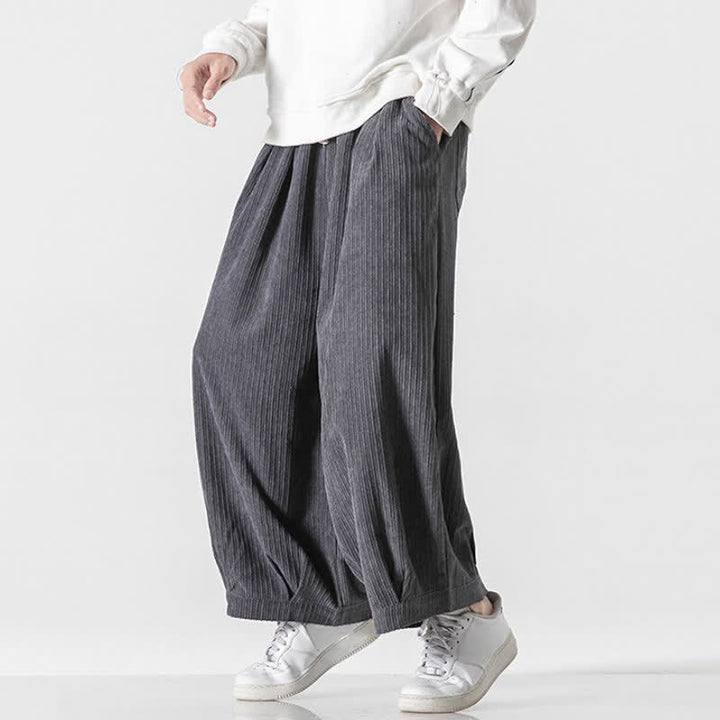 Buddha Stones Spring Fall Casual Minimalist Drawstring Solid Cropped Pants Corduroy Men's Wide Leg Pants With Pockets - image 7