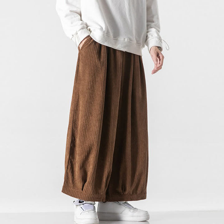 Buddha Stones Spring Fall Casual Minimalist Drawstring Solid Cropped Pants Corduroy Men's Wide Leg Pants With Pockets - image 9