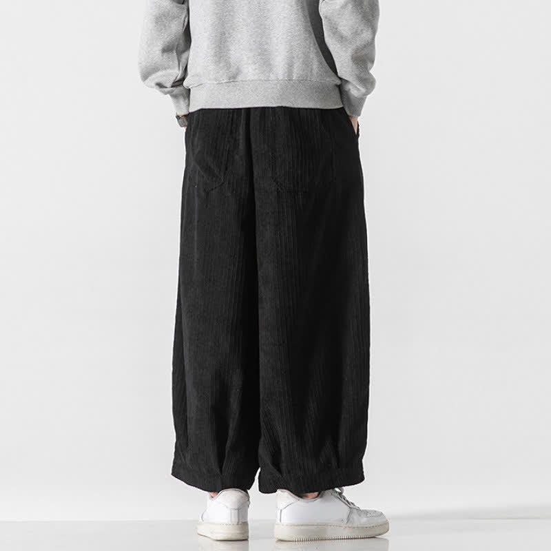Buddha Stones Spring Fall Casual Minimalist Drawstring Solid Cropped Pants Corduroy Men's Wide Leg Pants With Pockets - image 20