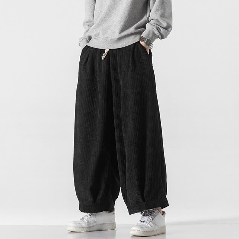 Buddha Stones Spring Fall Casual Minimalist Drawstring Solid Cropped Pants Corduroy Men's Wide Leg Pants With Pockets - image 22