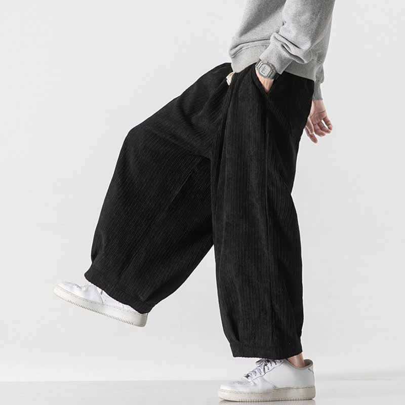 Buddha Stones Spring Fall Casual Minimalist Drawstring Solid Cropped Pants Corduroy Men's Wide Leg Pants With Pockets - image 23