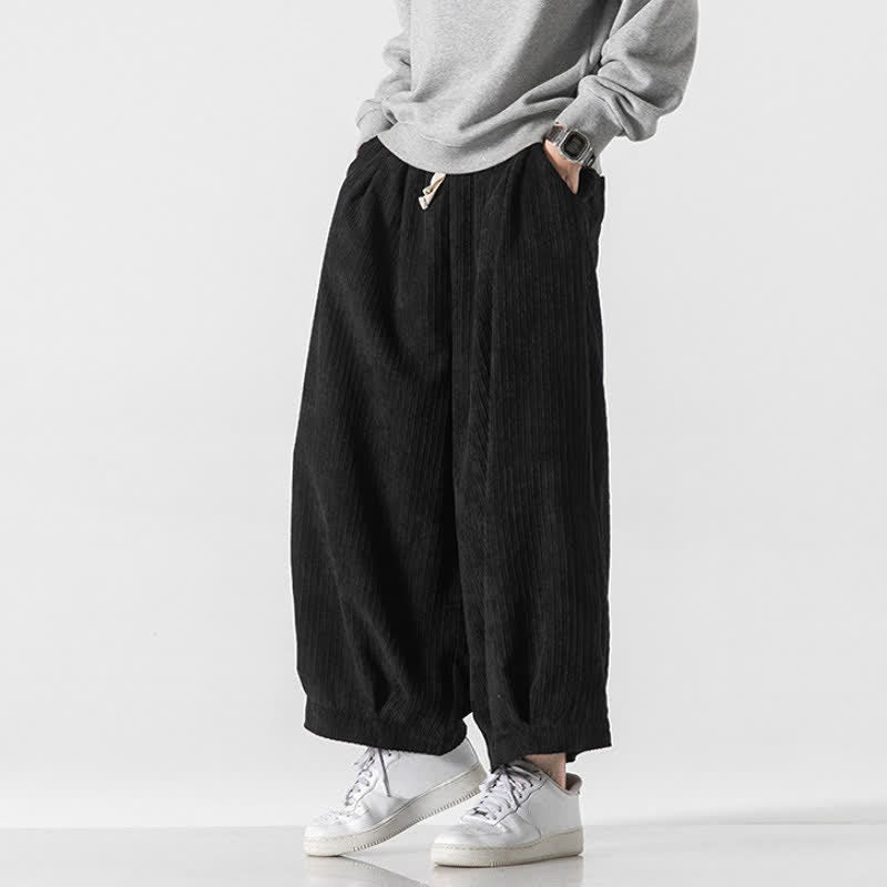 Buddha Stones Spring Fall Casual Minimalist Drawstring Solid Cropped Pants Corduroy Men's Wide Leg Pants With Pockets - image 21