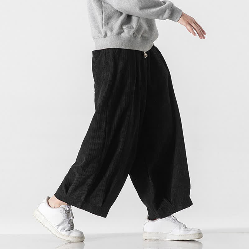 Buddha Stones Spring Fall Casual Minimalist Drawstring Solid Cropped Pants Corduroy Men's Wide Leg Pants With Pockets - image 18