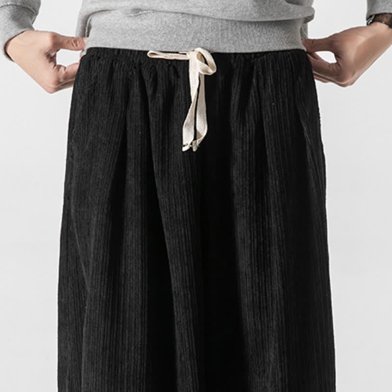 Buddha Stones Spring Fall Casual Minimalist Drawstring Solid Cropped Pants Corduroy Men's Wide Leg Pants With Pockets - image 24