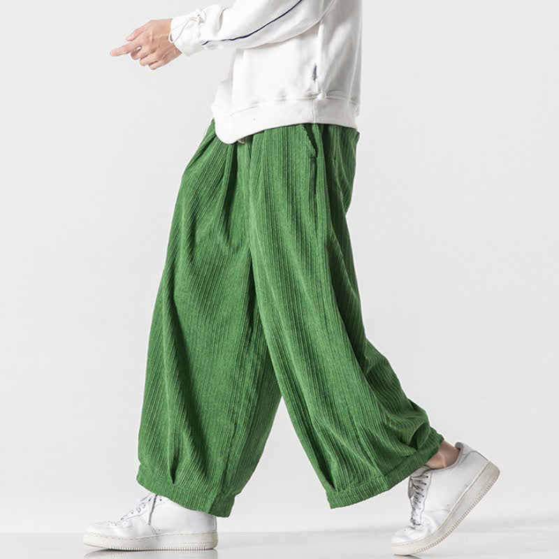 Buddha Stones Spring Fall Casual Minimalist Drawstring Solid Cropped Pants Corduroy Men's Wide Leg Pants With Pockets - image 31