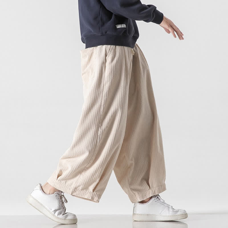 Buddha Stones Spring Fall Casual Minimalist Drawstring Solid Cropped Pants Corduroy Men's Wide Leg Pants With Pockets - image 39