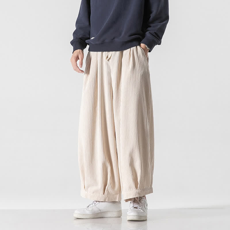 Buddha Stones Spring Fall Casual Minimalist Drawstring Solid Cropped Pants Corduroy Men's Wide Leg Pants With Pockets - image 41