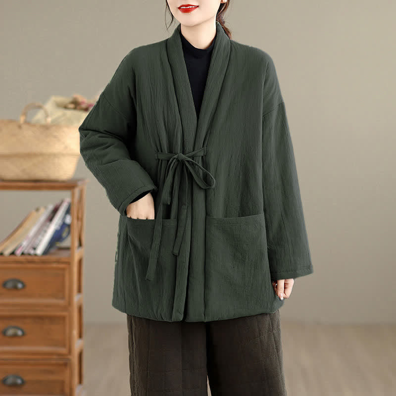 Buddha Stones Fall Winter Casual Minimalist Solid Women's Kimono With Pockets - DarkGreen - US12, UK/AU16, EU44 (2XL) - image 0
