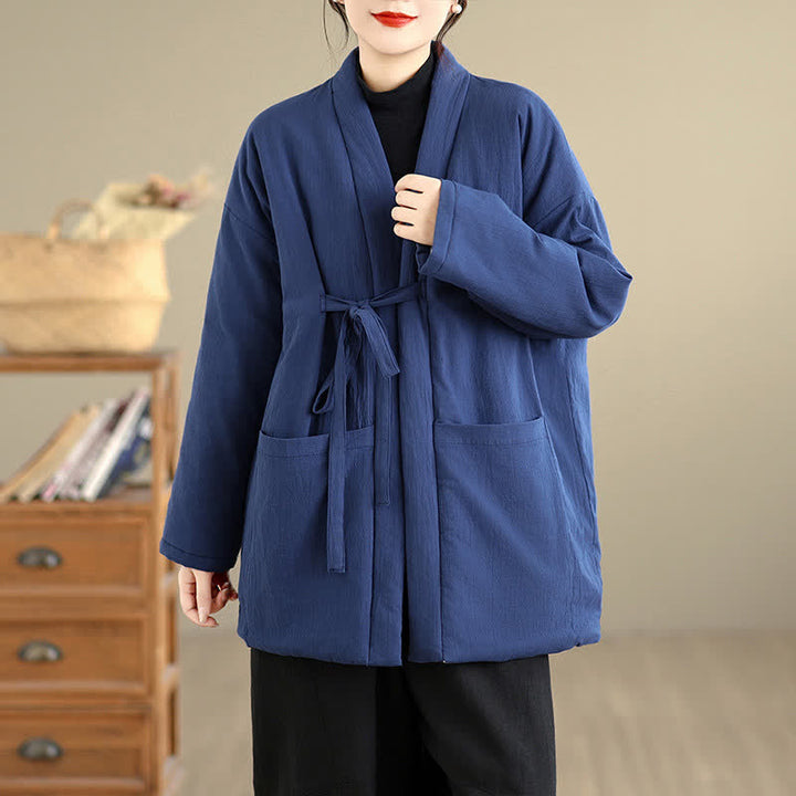 Buddha Stones Fall Winter Casual Minimalist Solid Women's Kimono With Pockets - MidnightBlue - US12, UK/AU16, EU44 (2XL) - image 11