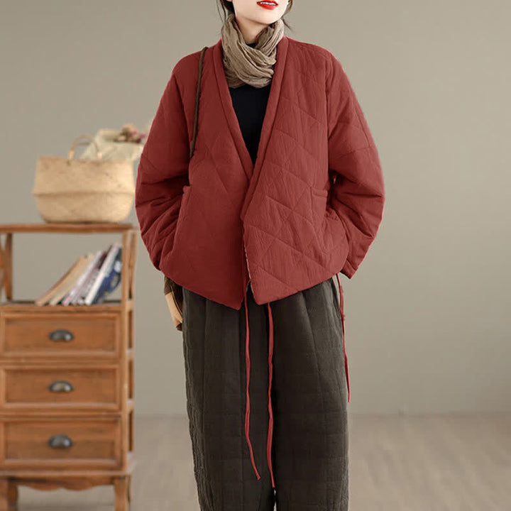 Buddha Stones Fall Winter Casual Minimalist Quilted Design Drawstring Solid Cropped Women's Kimono With Pockets - image 4